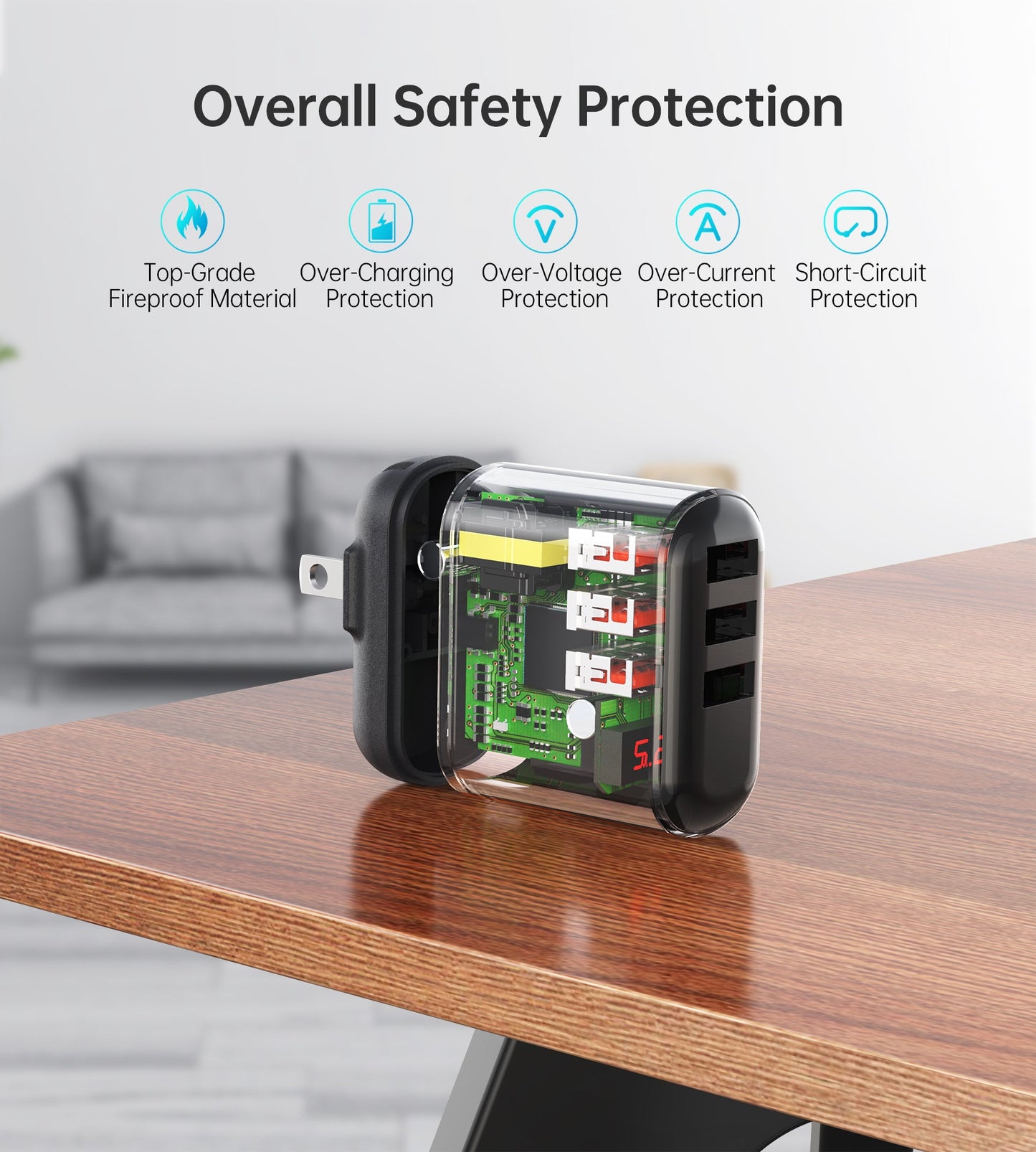 Triple USB Wall Charger – Foldable Plug & LED Display