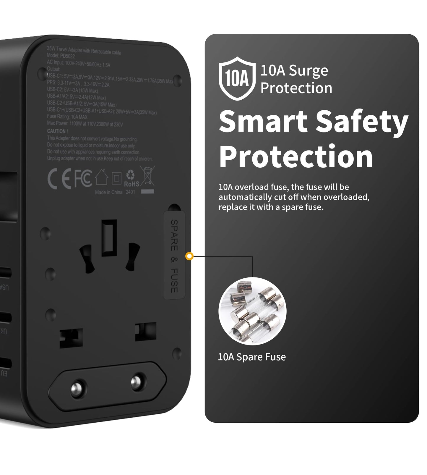 70W GaN Travel Adapter – USB-C Retractable Cable Charger