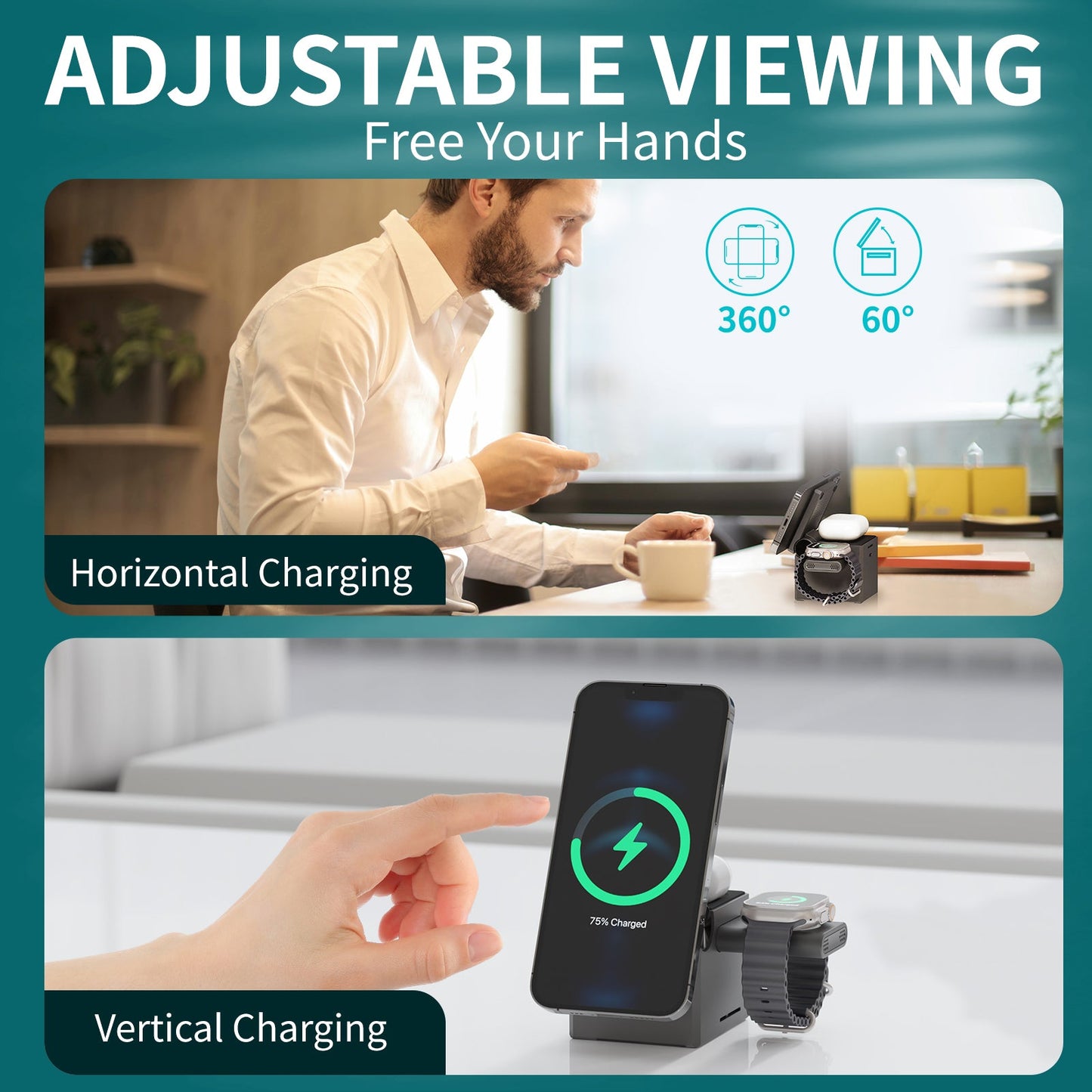 4‑in‑1 15W Magnetic Wireless Charger – Detachable Watch Stand