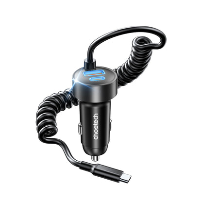 65W Car Charger – Coiled USB-C Cable, Dual-Port A+C