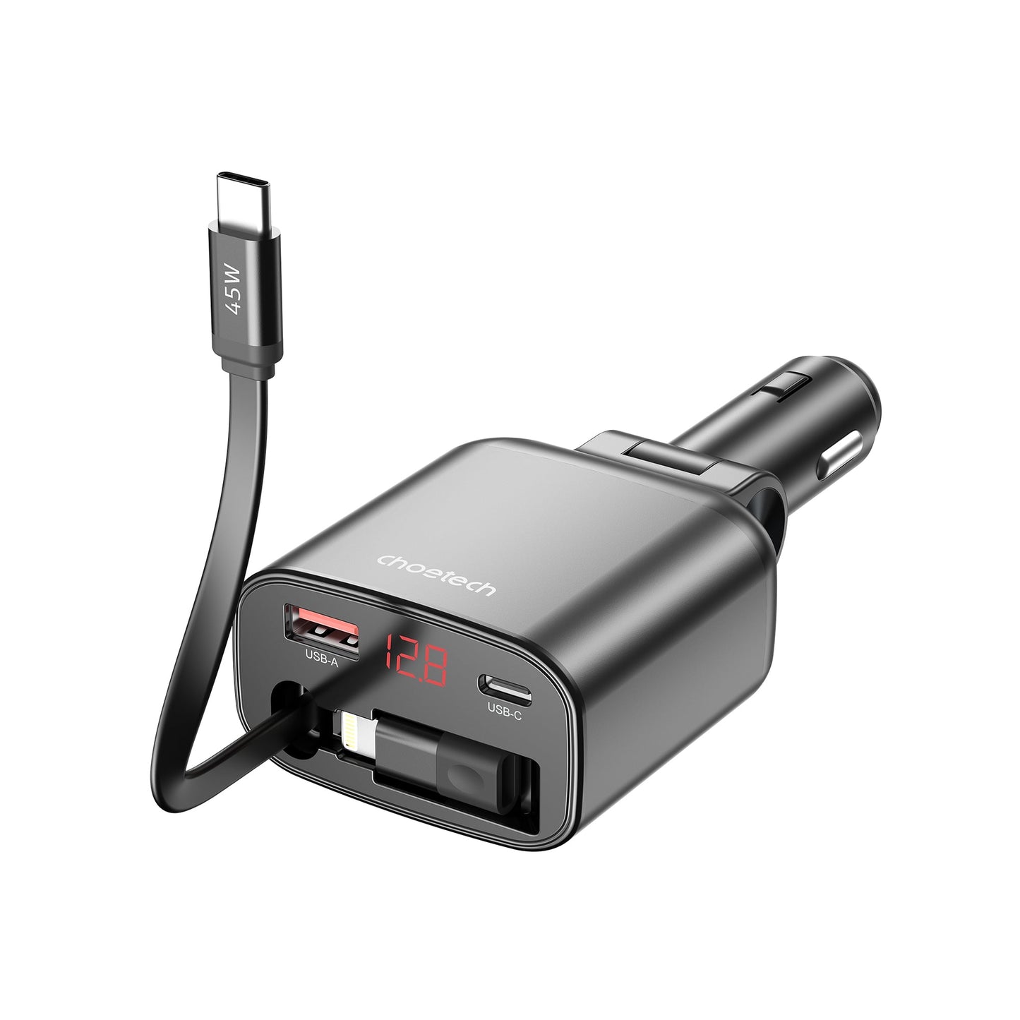 105W Car Charger – Retractable C Cable, Dual-Port PD+C/A
