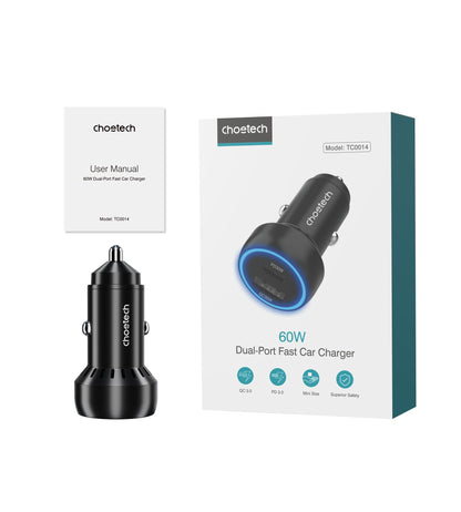 60W Dual USB-C & USB-A Car Charger – Fast Charging, Black