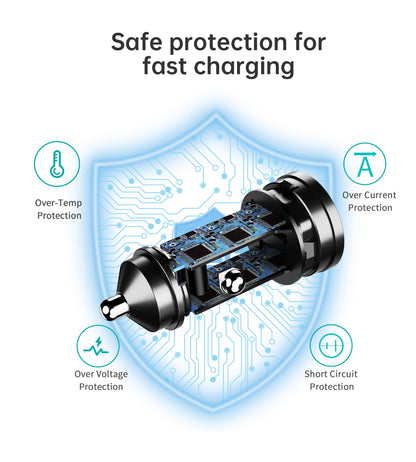 60W Dual USB-C & USB-A Car Charger – Fast Charging, Black