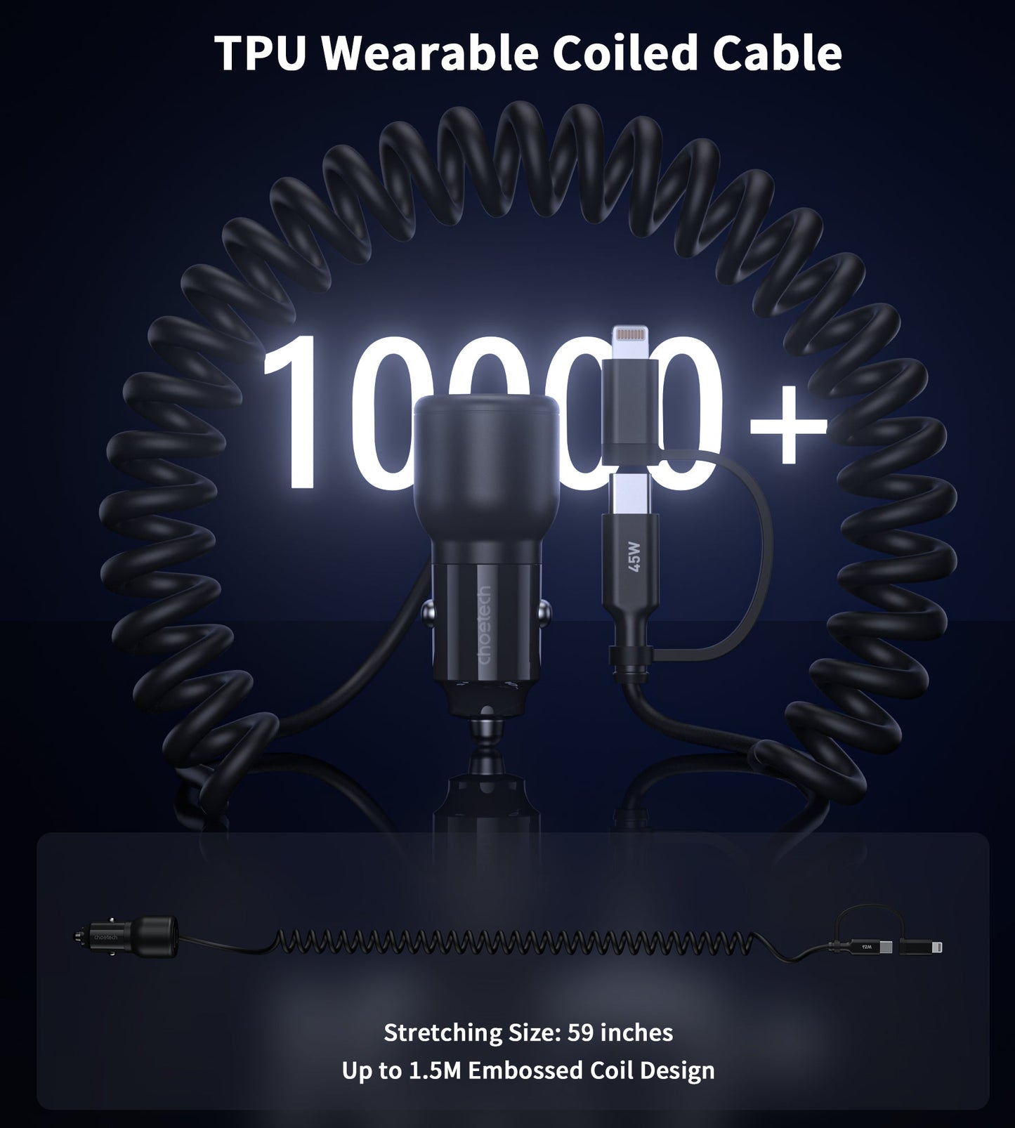 110W Car Charger – Coiled C&L Cable, Dual-Port PD+C/A