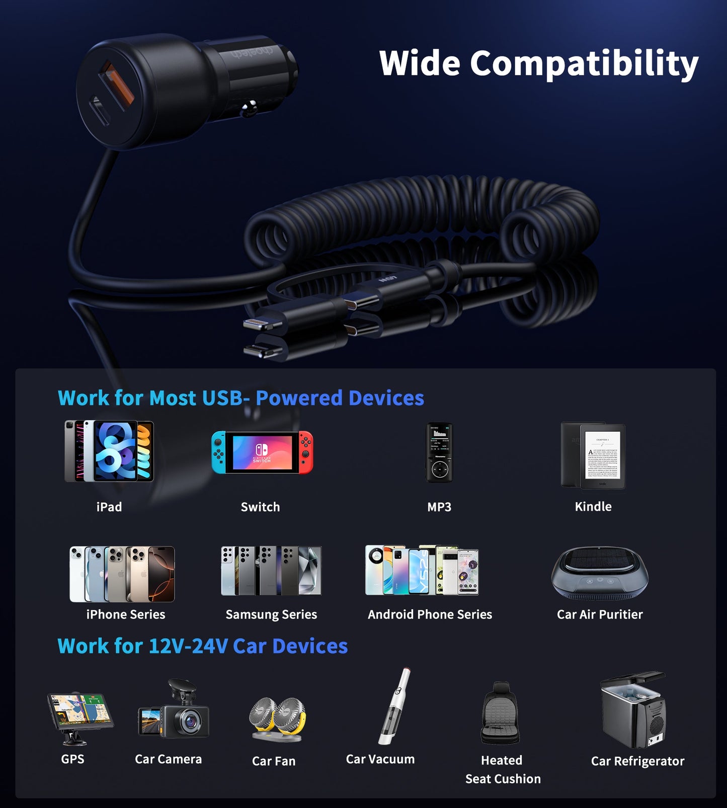 110W Car Charger – Coiled C&L Cable, Dual-Port PD+C/A