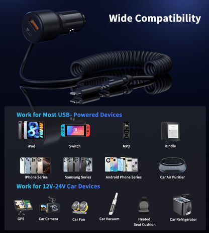 110W Car Charger – Coiled C&L Cable, Dual-Port PD+C/A