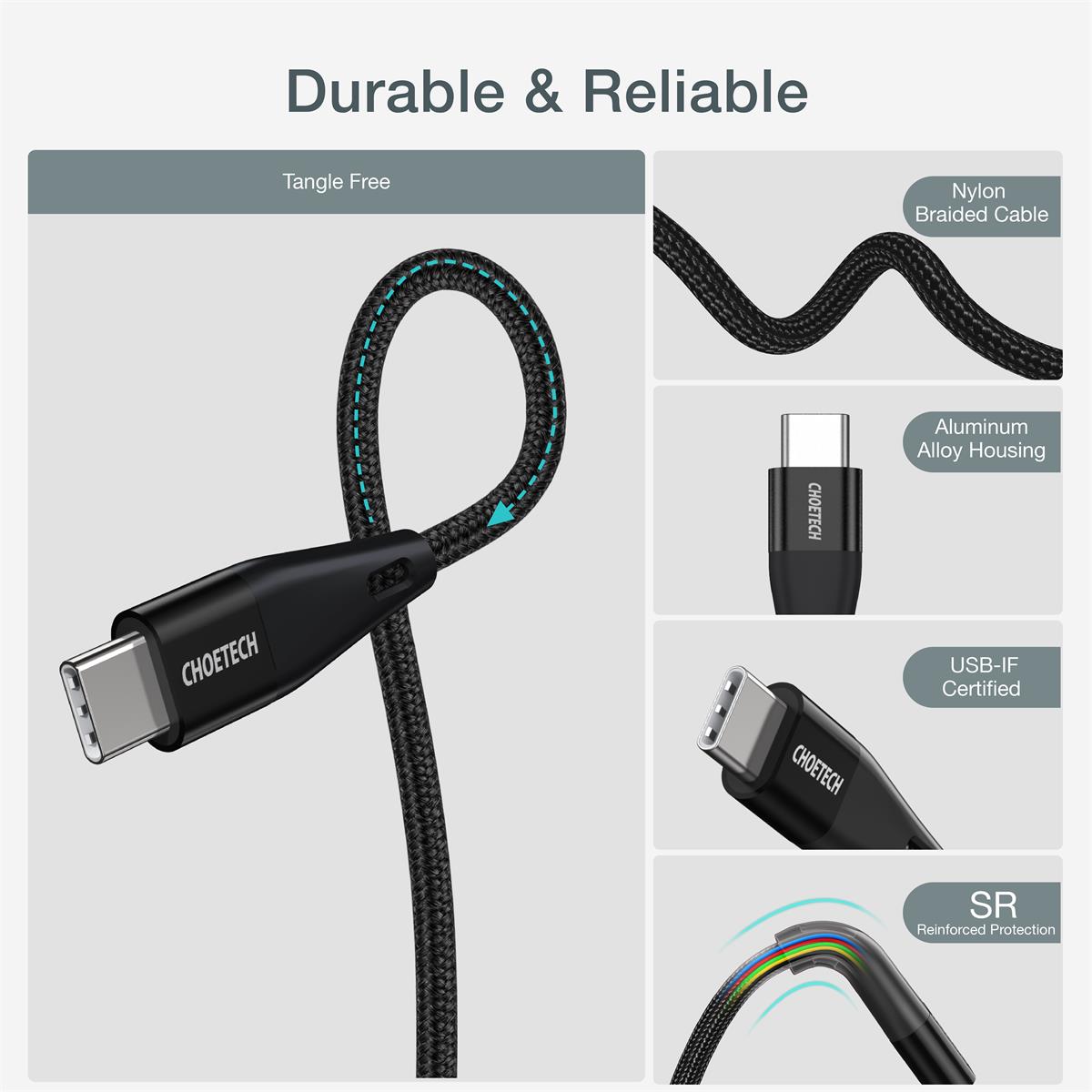 60W USB-C to USB-C Braided Fast Charging Cable – 4ft/6.6ft