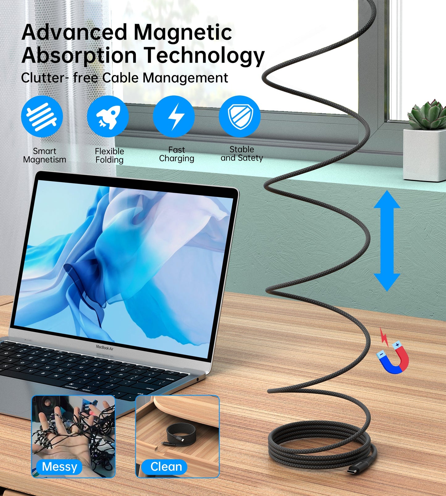 240W USB-C to USB-C Magnetic Cable – PD3.1, 1.8M Length