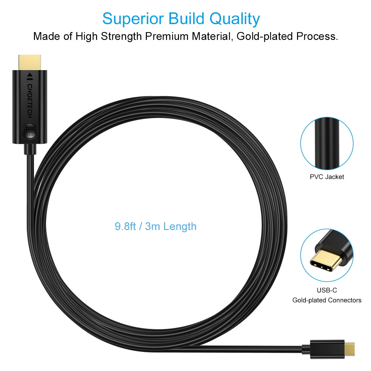 USB-C to HDMI Cable – 10ft 4K@30Hz Video Cord for iPad & More