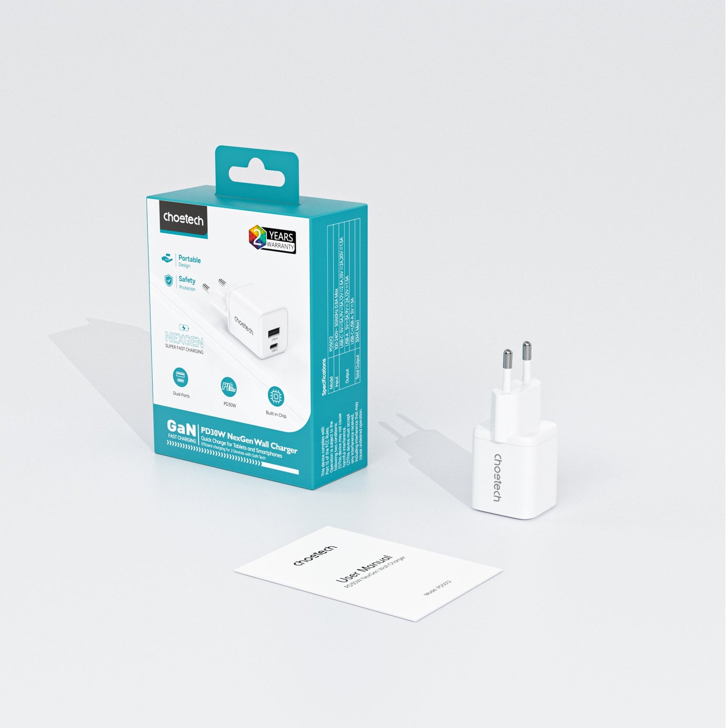 30W GaN USB-C & USB-A Charger – Dual Port, EU Plug