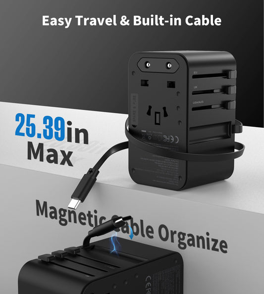 70W GaN Travel Adapter – USB-C Retractable Cable Charger