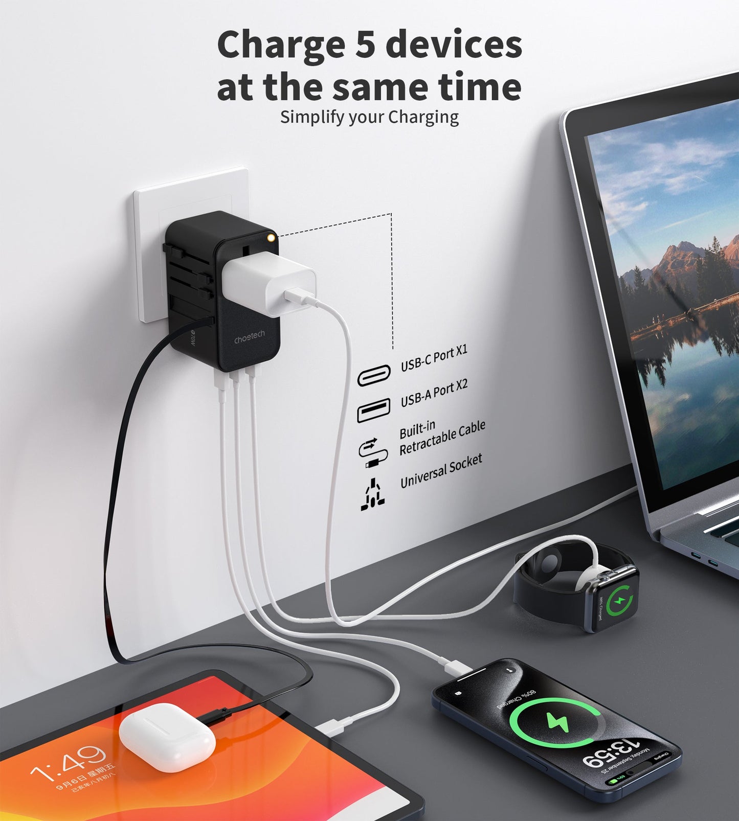 70W GaN Travel Adapter – USB-C Retractable Cable Charger