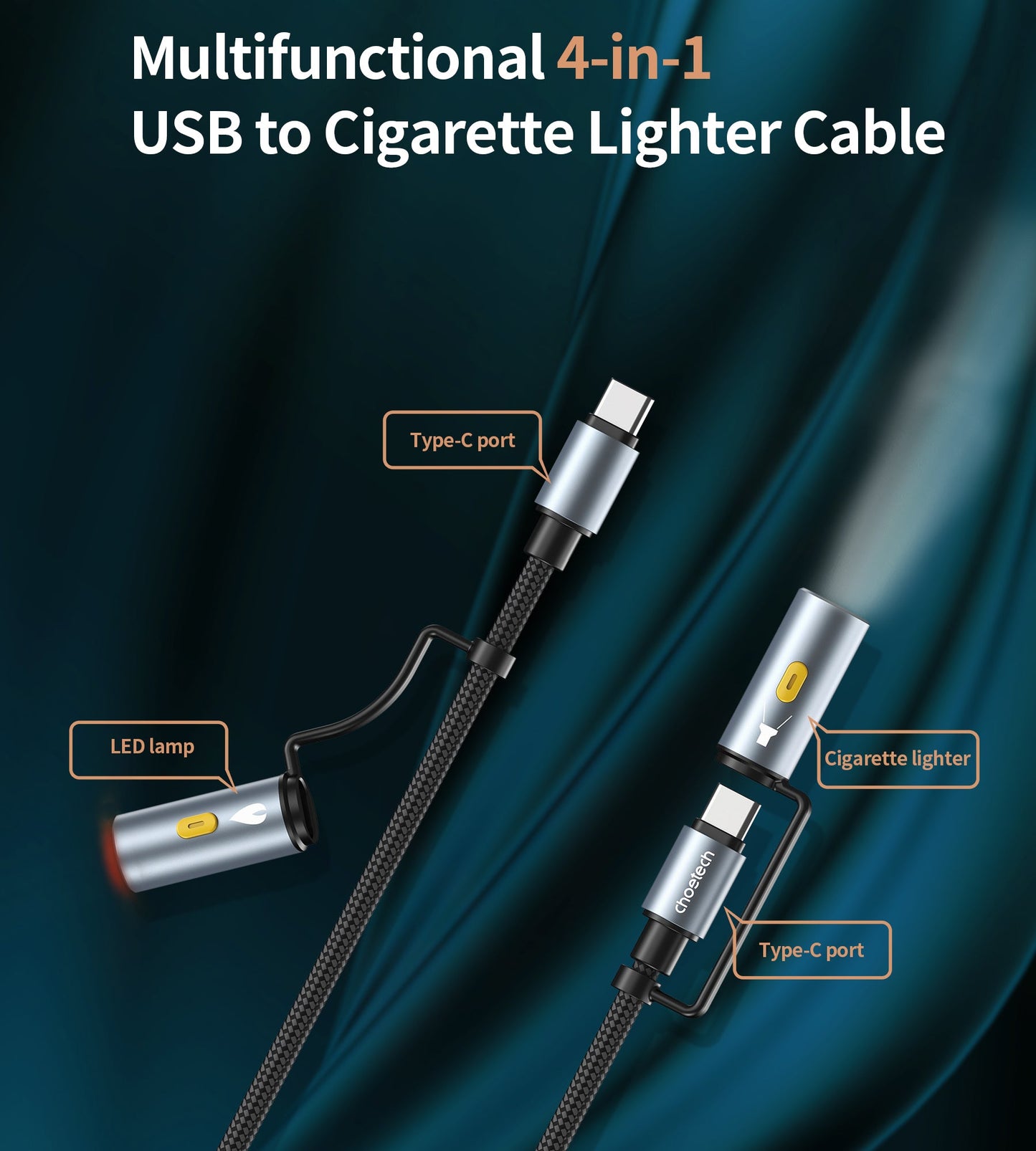 60W USB-C Cable – 4-in-1 with LED Light & Lighter Port