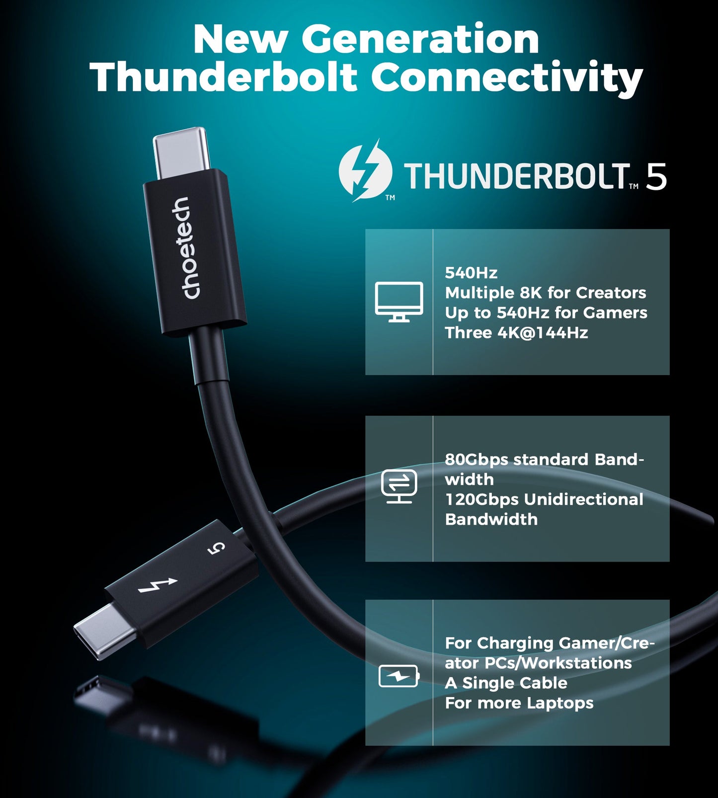 Thunderbolt 5 Cable – 240W 120Gbps 8K@60Hz, 3.3ft