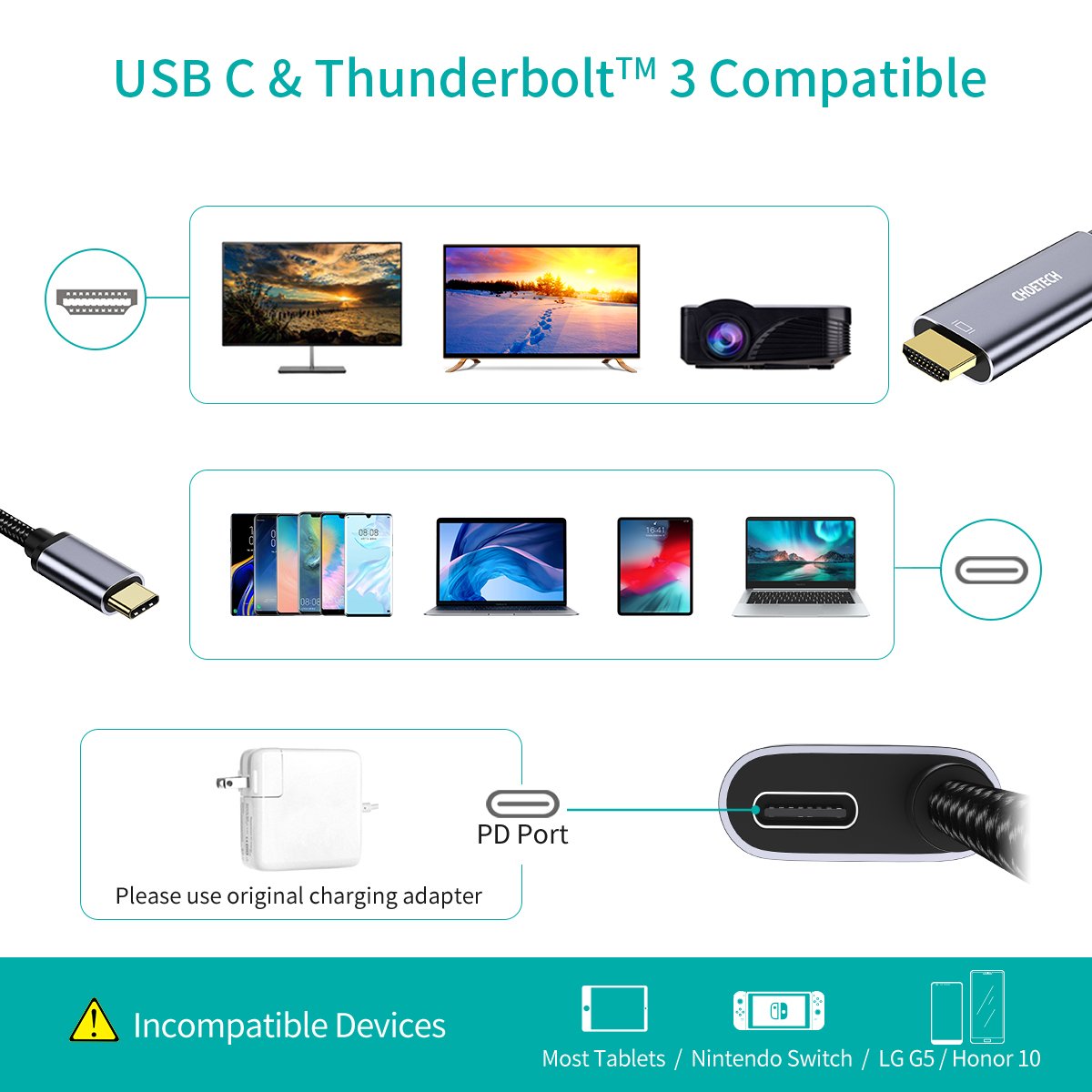 USB-C to HDMI Cable with 60W PD Charging – 6FT