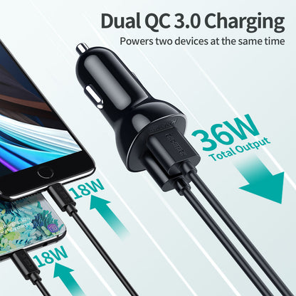 36W Car Charger – Dual USB with QC3.0 & Smart Charging