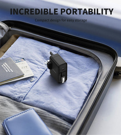 40W GaN Charger – Retractable Cable, Dual USB-C Output