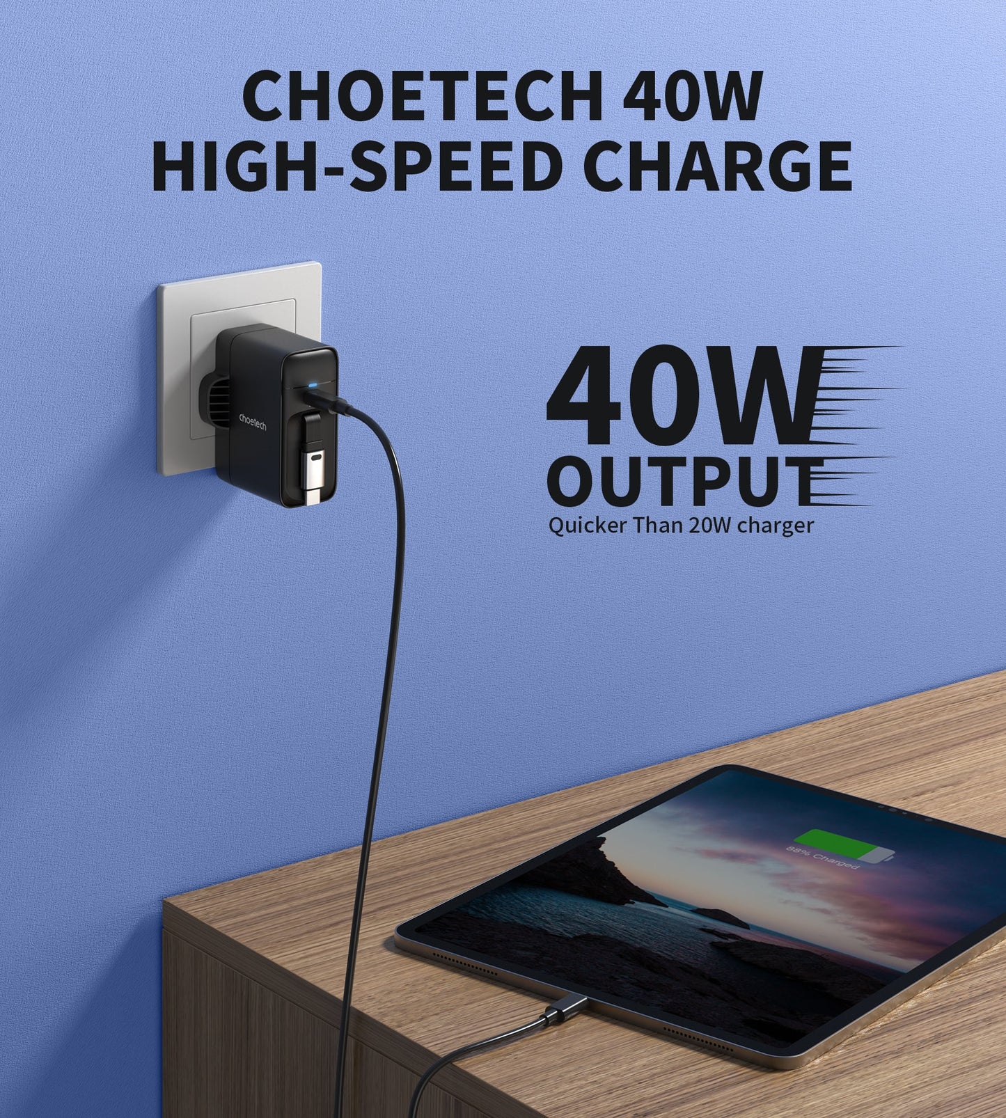 40W GaN Charger – Retractable Cable, Dual USB-C Output