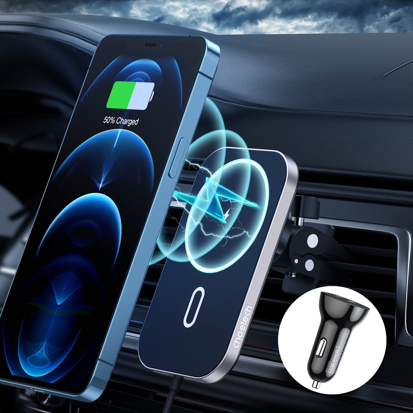 Magnetic Car Wireless Charger – 15W Qi, 360°, Universal