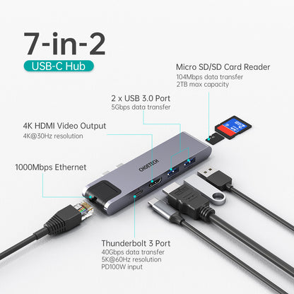 7-in-2 USB-C Hub Adapter – Dual Type-C for Laptop Devices