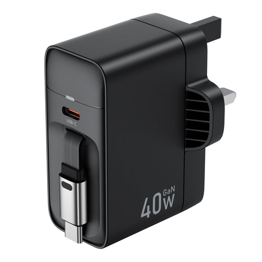 40W GaN Charger – Retractable Cable, Dual USB-C Output