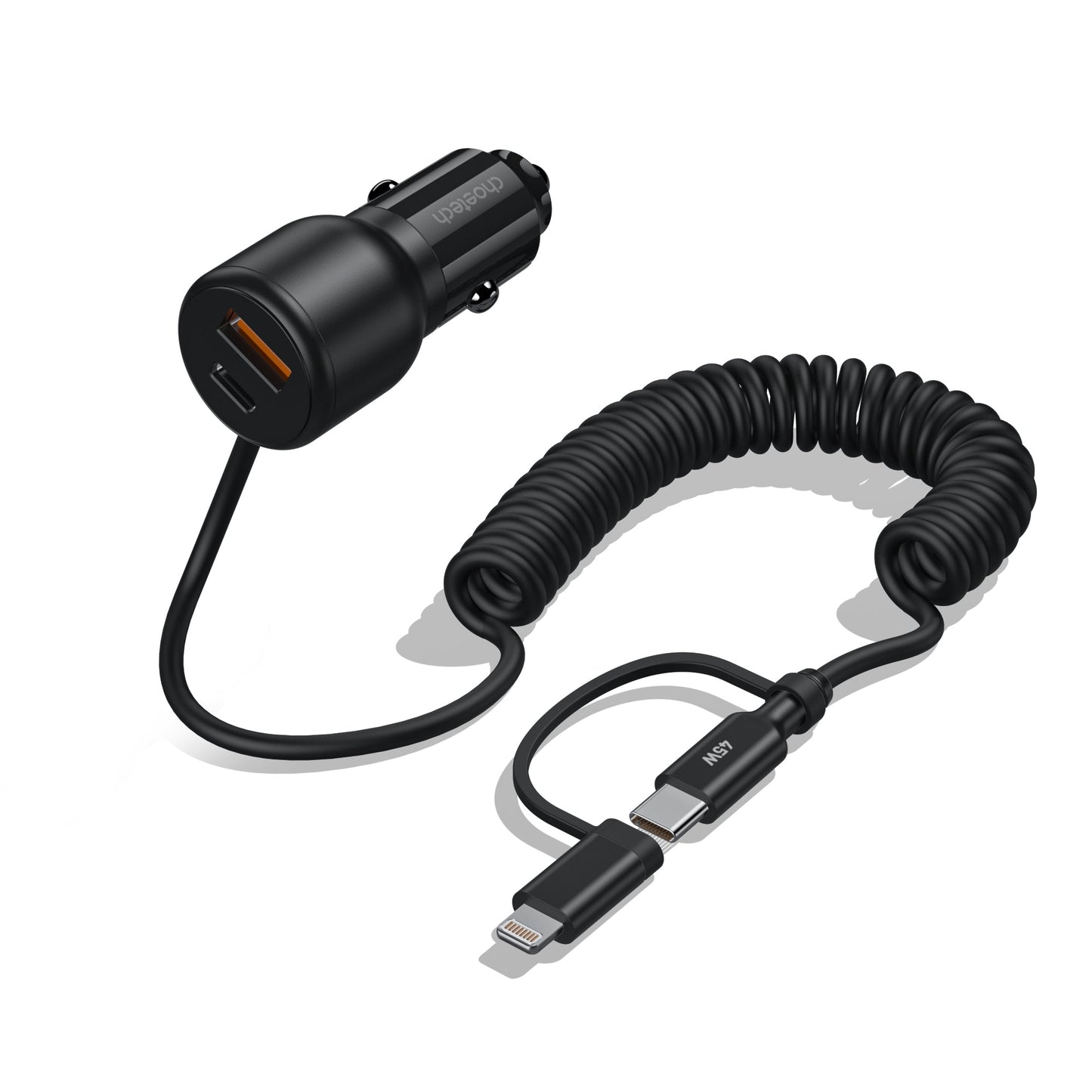 110W Car Charger – Coiled C&L Cable, Dual-Port PD+C/A