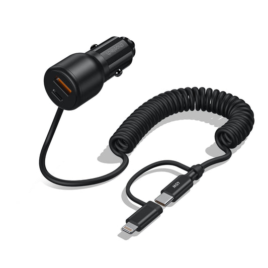 110W Car Charger – Coiled C&L Cable, Dual-Port PD+C/A