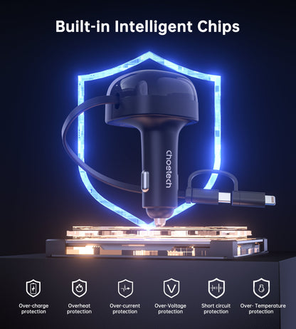 75W Car Charger – Retractable C&L Cable, 3-in-1 PD+C/A