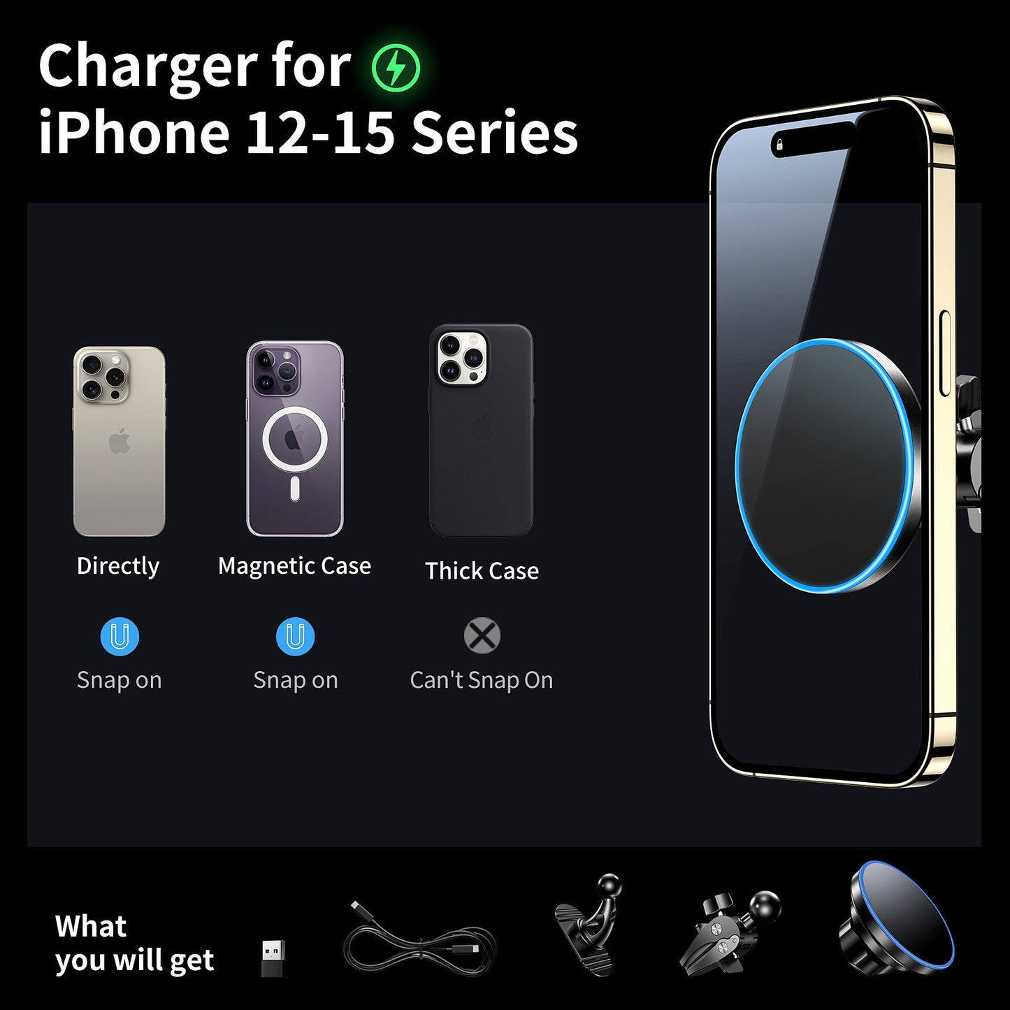 Mag Car Wireless Charger – 15W Qi Charge, for iPhone