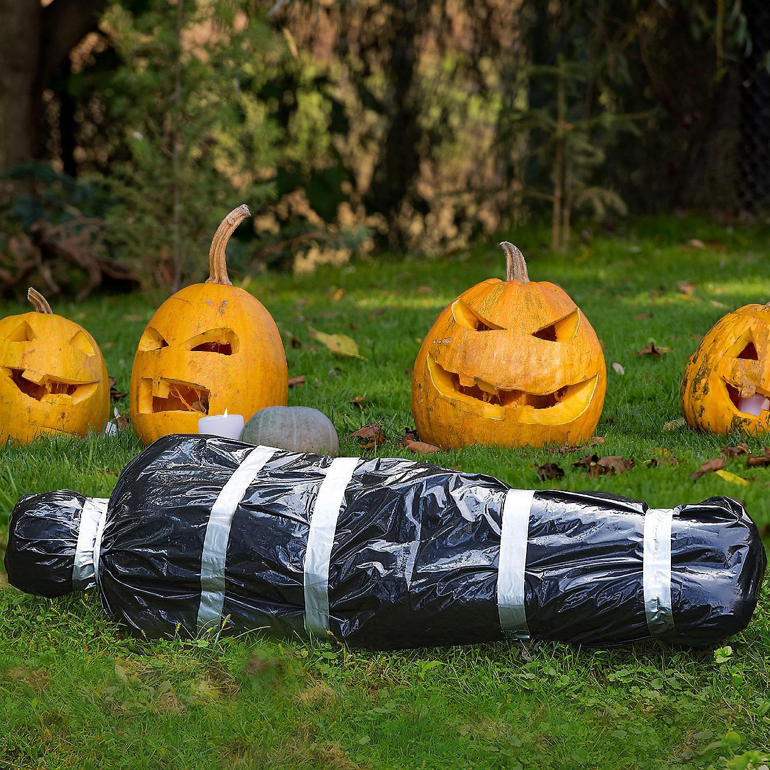 Skeleteen Dead Body Bag Decoration - Dummy Crime Scene Fake Corpse Figure in Garbage Bag with Duct Tape Scary Outdoor Party Prop Haunted Decorations