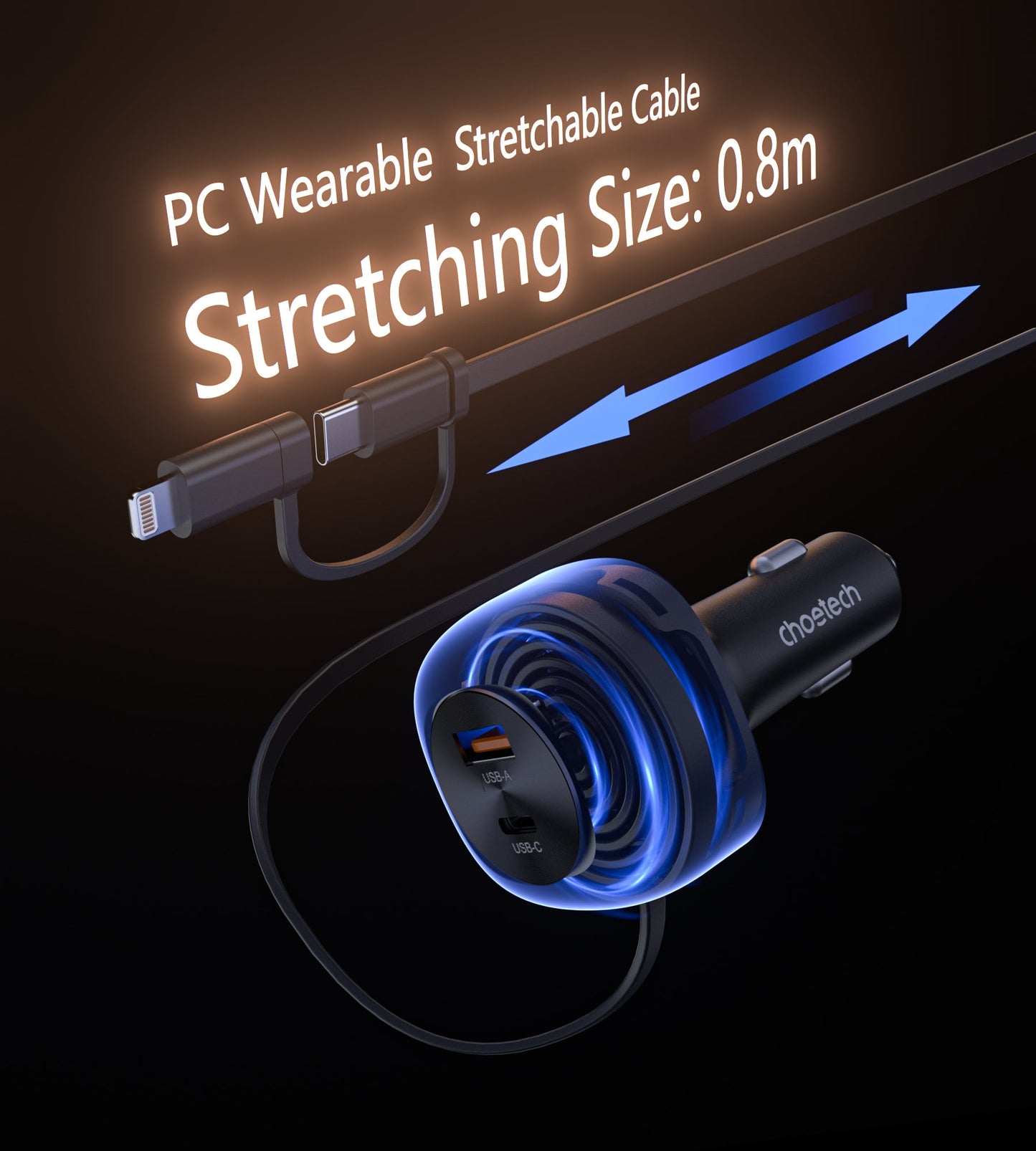 75W Car Charger – Retractable C&L Cable, 3-in-1 PD+C/A