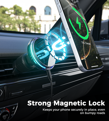 Qi2 Magnetic Car Charger – 15W, RGB Light, for iPhone