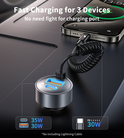 65W Car Charger – Coiled USB-C Cable, Dual-Port A+C