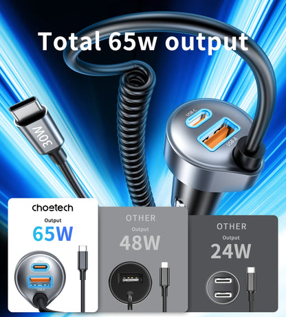 65W Car Charger – Coiled USB-C Cable, Dual-Port A+C