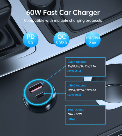 60W Dual-Port Car Charger – PD+C/A Fast Charging