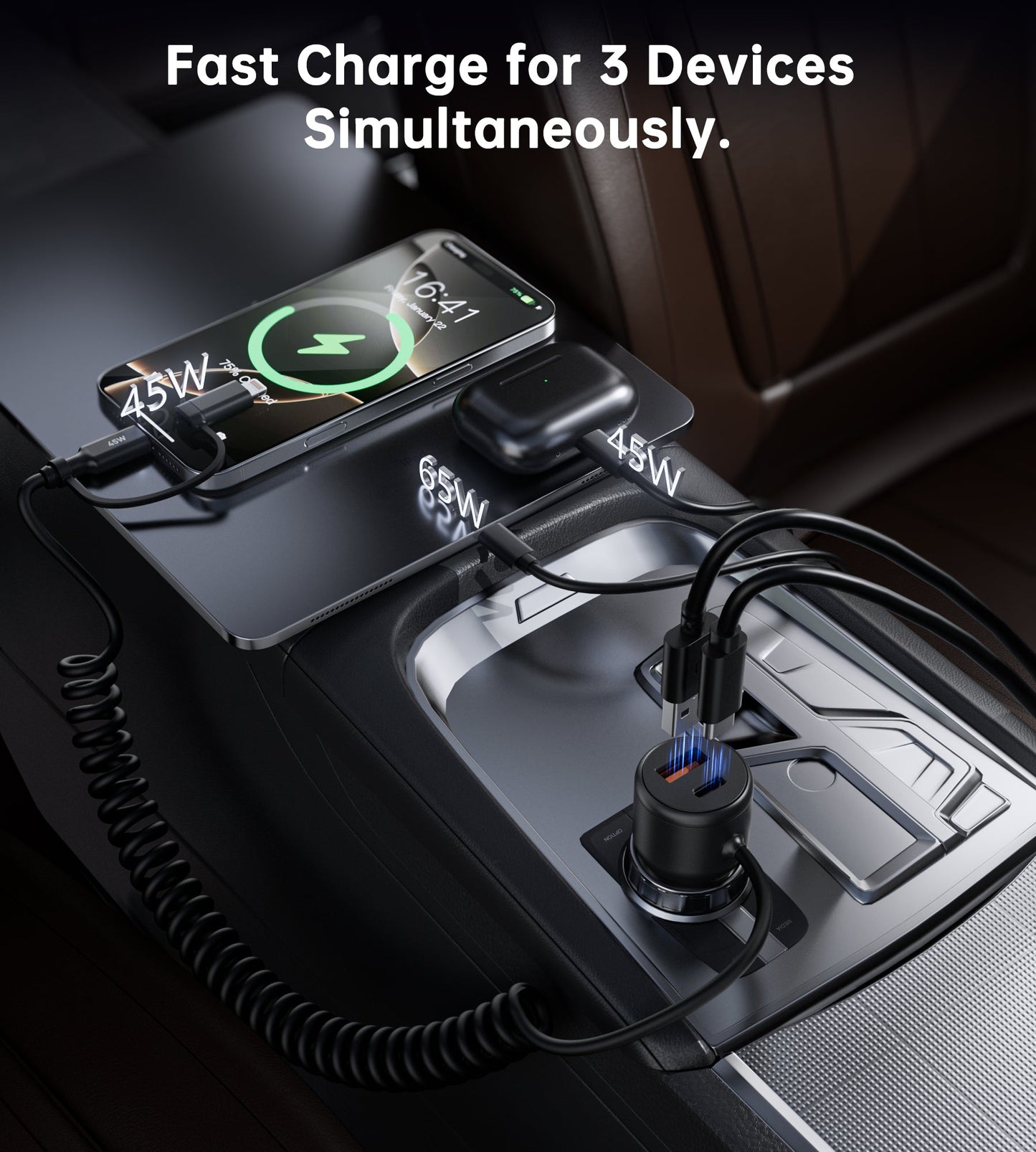 110W Car Charger – Coiled C&L Cable, Dual-Port PD+C/A