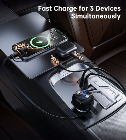 75W Car Charger – Retractable C&L Cable, 3-in-1 PD+C/A
