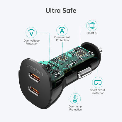 40W Car Charger – Dual USB-C PD3.0 Fast Charging