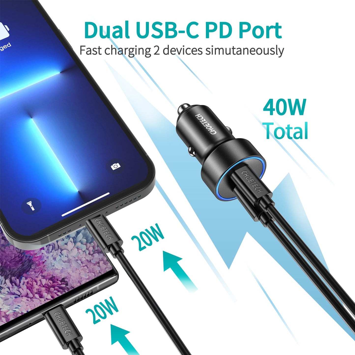 40W Car Charger – Dual USB-C PD3.0 Fast Charging