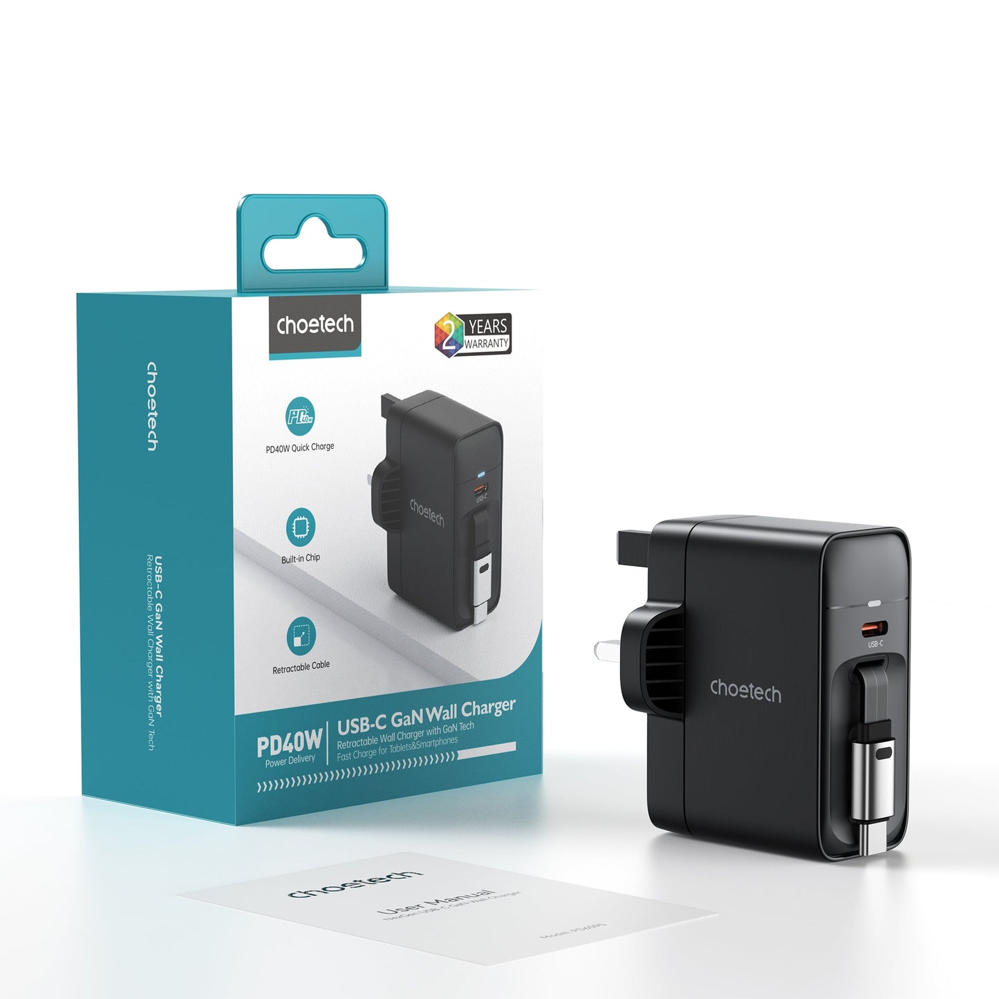 40W GaN Charger – Retractable Cable, Dual USB-C Output