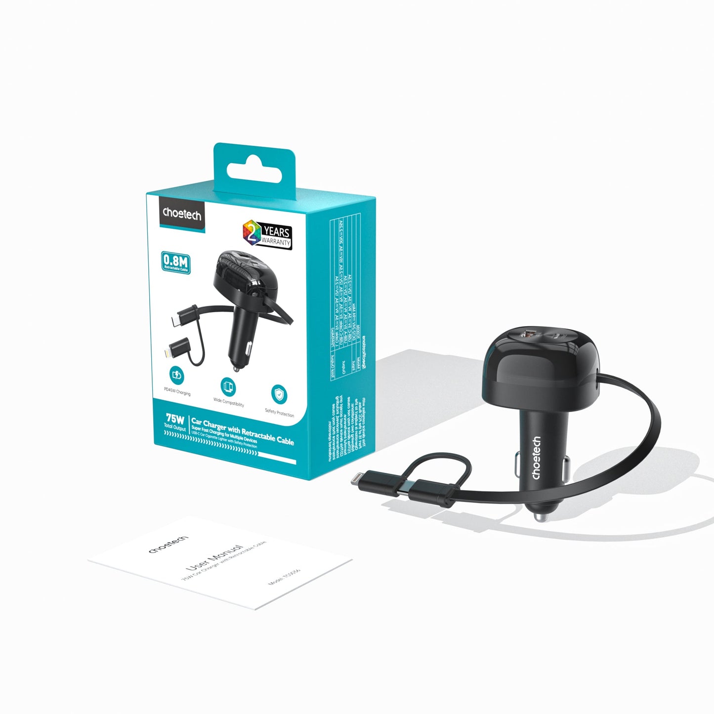 75W Car Charger – Retractable C&L Cable, 3-in-1 PD+C/A