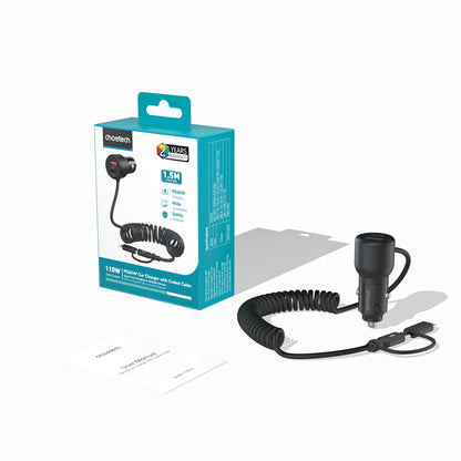 110W Car Charger – Coiled C&L Cable, Dual-Port PD+C/A