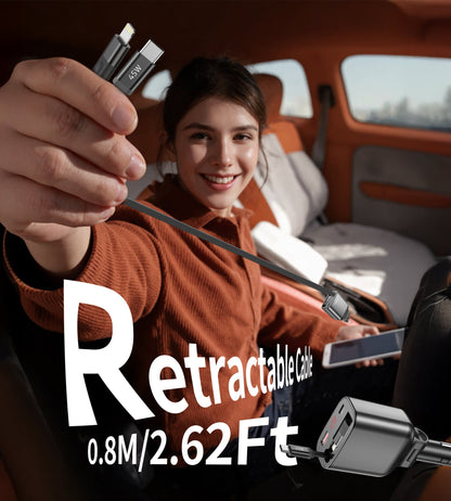 105W Car Charger – Retractable C Cable, Dual-Port PD+C/A