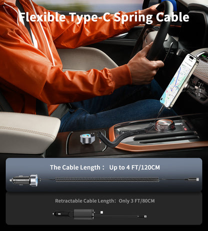 65W Car Charger – Coiled USB-C Cable, Dual-Port A+C