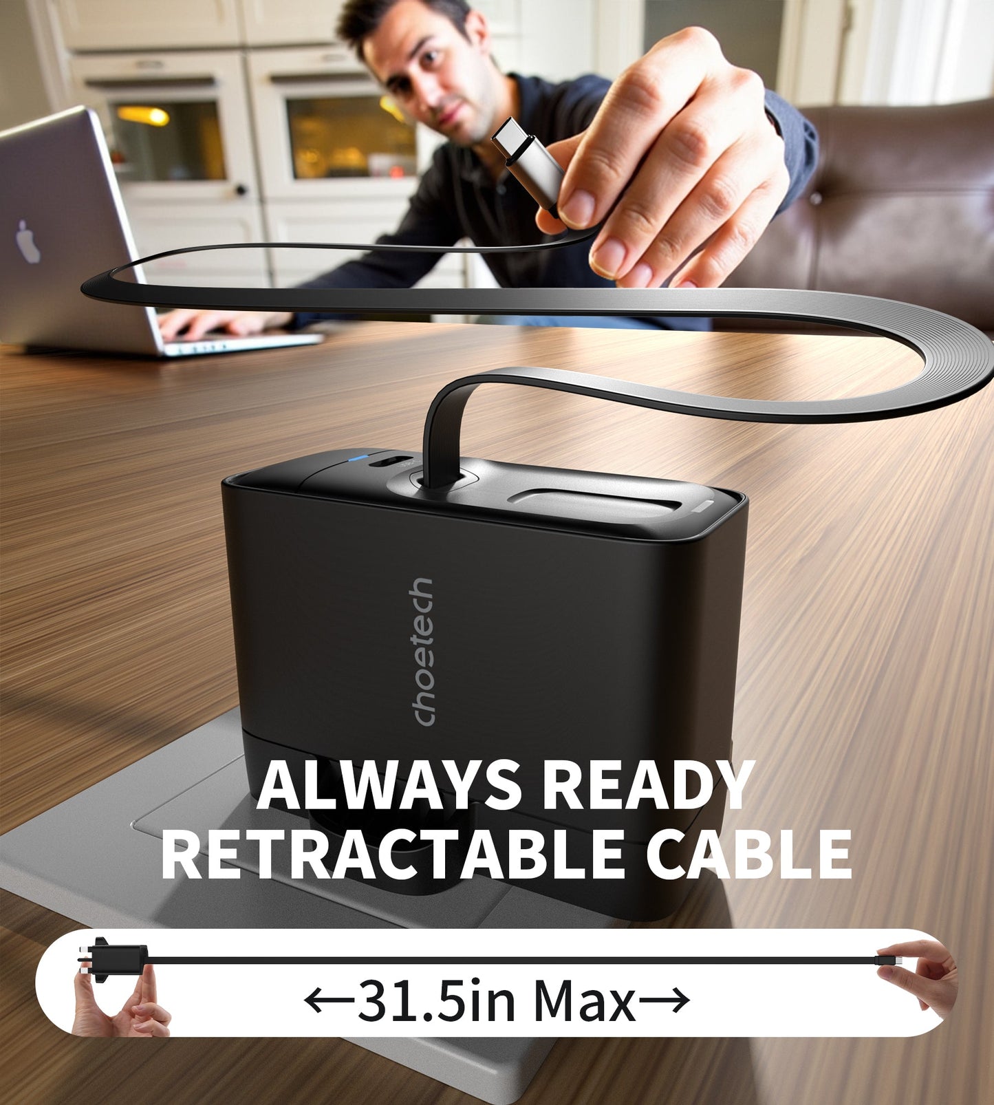 40W GaN Charger – Retractable Cable, Dual USB-C Output