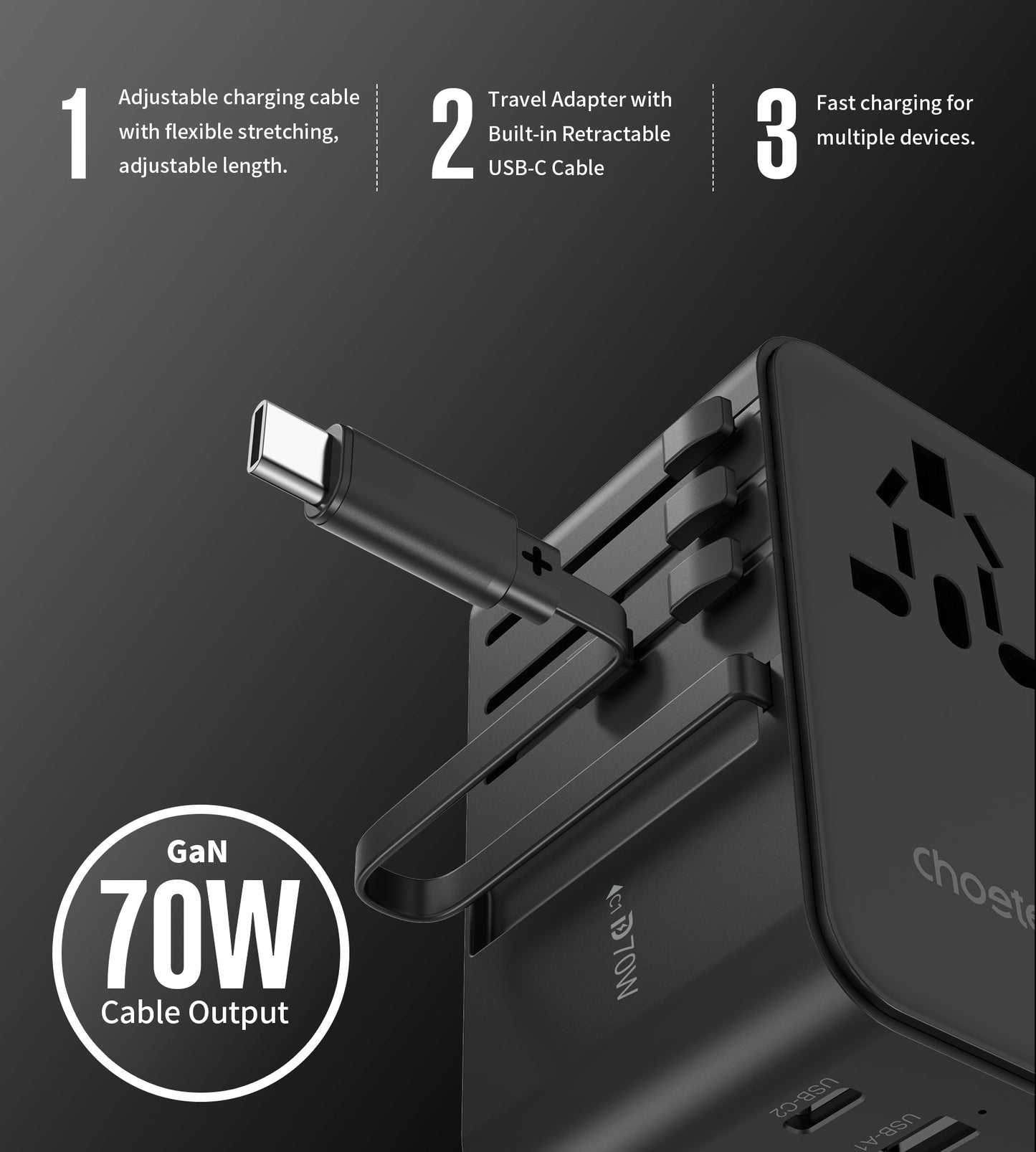 70W GaN Travel Adapter – USB-C Retractable Cable Charger